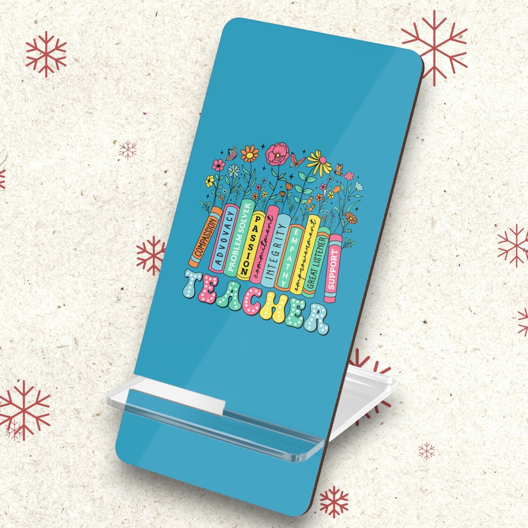 Sea Dragon Dreams teacher mobile display stand in blue with colorful book spine designs and floral accents.