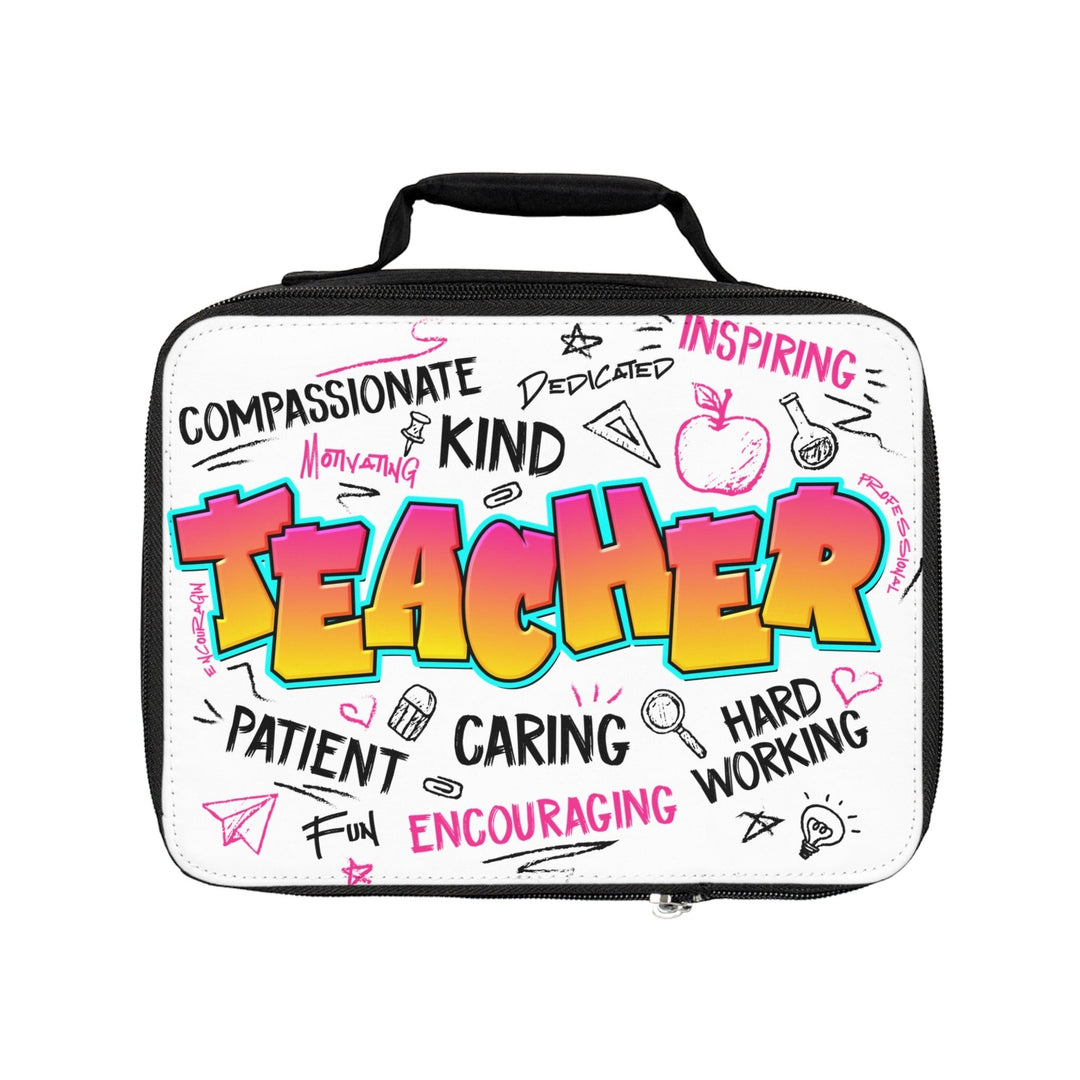 Sea Dragon Dreams Teacher Time insulated lunch bag with colourful graffiti-style text and school-themed doodles.