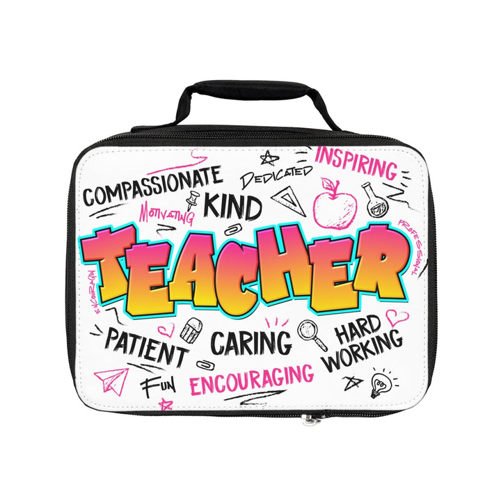 Sea Dragon Dreams Teacher Time insulated lunch bag with colourful graffiti-style text and school-themed doodles.