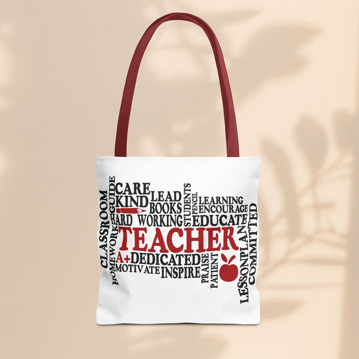 Sea Dragon Dreams white polyester tote bag featuring a black and red teacher-themed word cloud design.