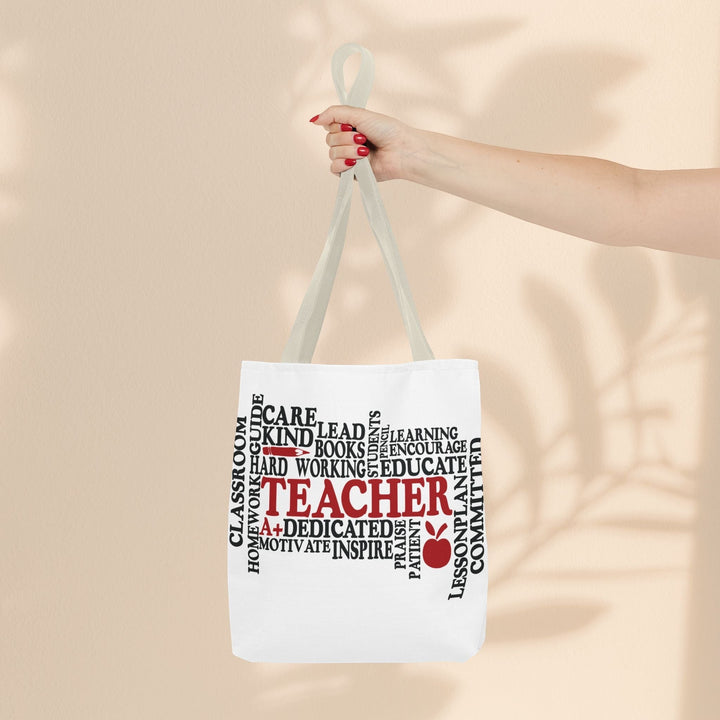 Sea Dragon Dreams What is a Teacher tote bag with white polyester fabric, cotton straps, and red and black typography.