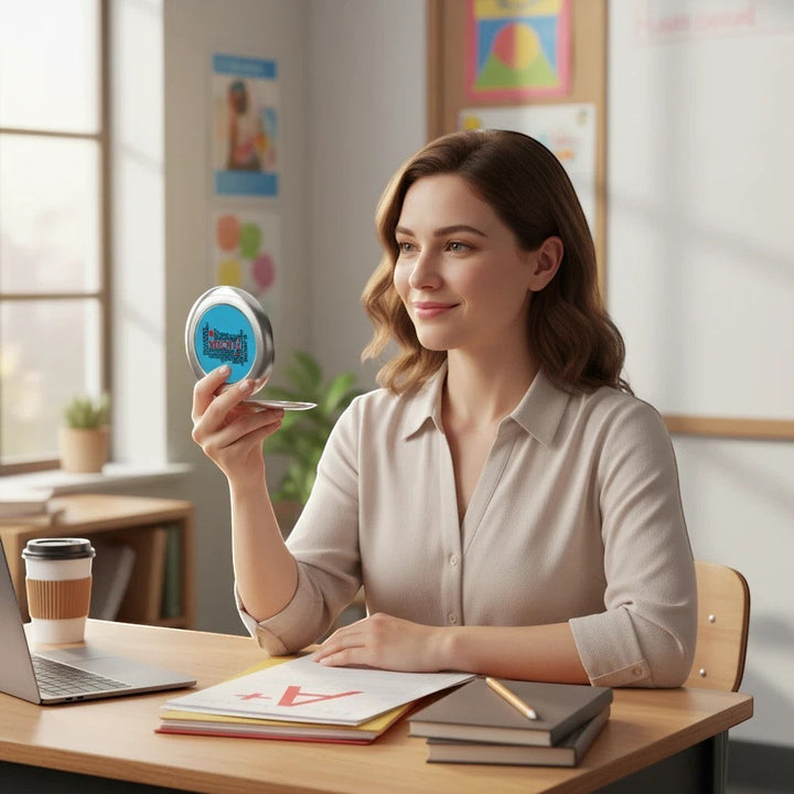 Sea Dragon Dreams compact travel mirror with teacher-themed design held by a smiling teacher at her classroom desk.