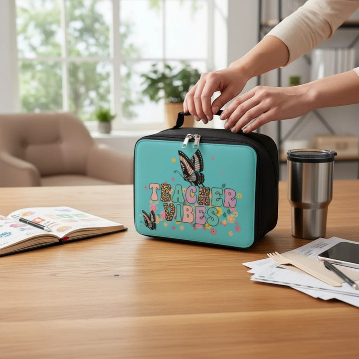 Sea Dragon Dreams Teacher Vibes lunch bag with butterfly print on a wooden desk with a notebook and tumbler.