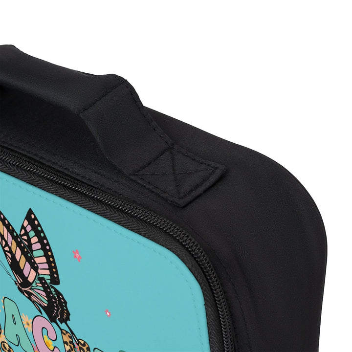 Sea Dragon Dreams Teacher Vibes lunch bag with black polyester fabric, carry handle, and butterfly graphic detail.