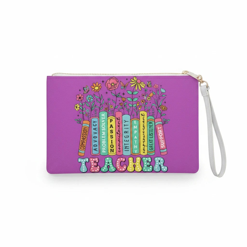 Sea Dragon Dreams Teachers are Special purple faux leather clutch bag with wrist strap and floral book design.