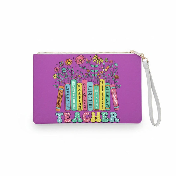 Sea Dragon Dreams Teachers are Special purple faux leather clutch bag with wrist strap and floral book design.