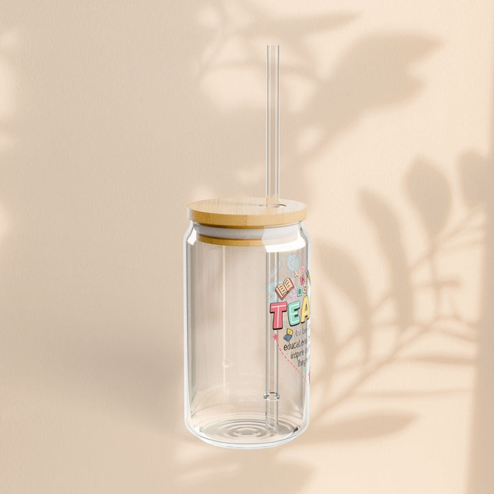 Sea Dragon Dreams 16oz clear tempered glass sipper with Teachers Heart design, bamboo lid, and Tritan straw.