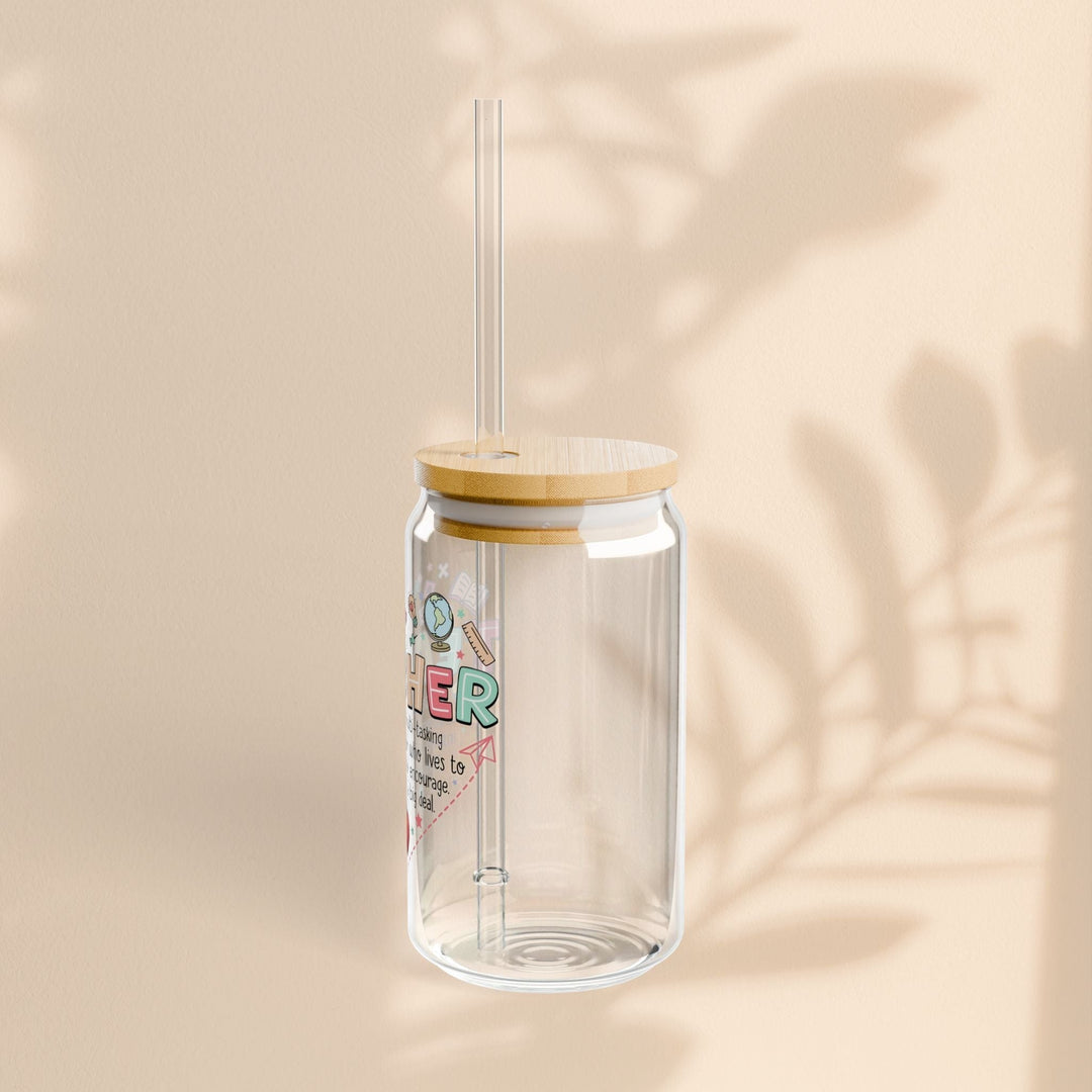 Sea Dragon Dreams 16oz clear tempered glass sipper with bamboo lid, Tritan straw, and colorful teacher-themed design.