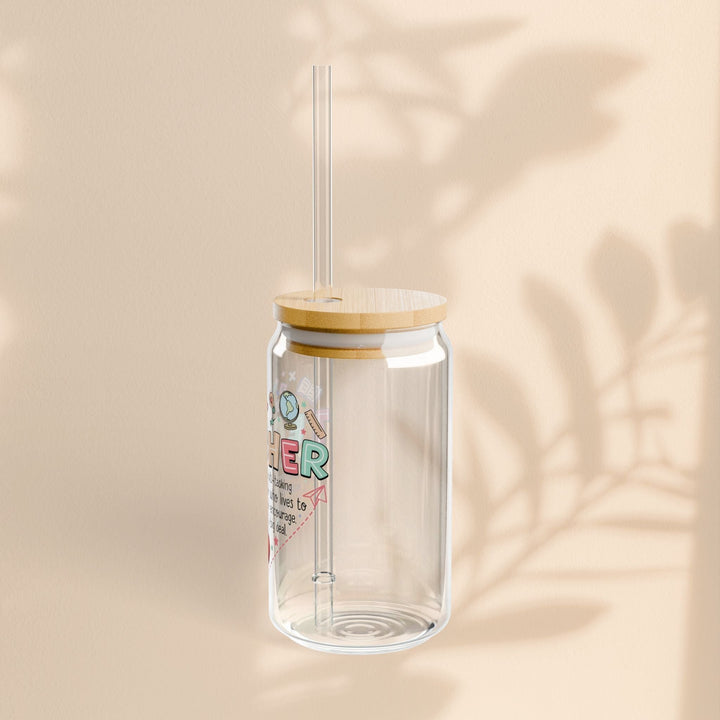 Sea Dragon Dreams 16oz clear tempered glass sipper with bamboo lid, Tritan straw, and colorful teacher-themed design.