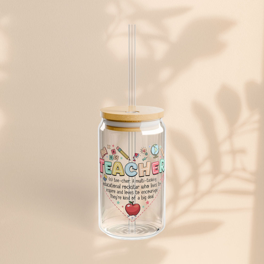 Sea Dragon Dreams 16oz clear glass sipper with bamboo lid, straw, and colorful teacher-themed heart graphic design.