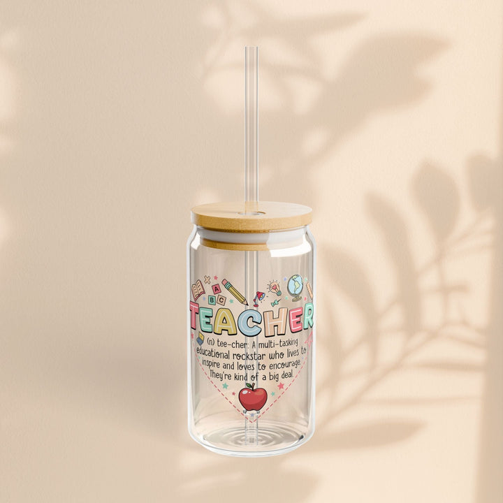 Sea Dragon Dreams 16oz clear glass sipper with bamboo lid, straw, and colorful teacher-themed heart graphic design.
