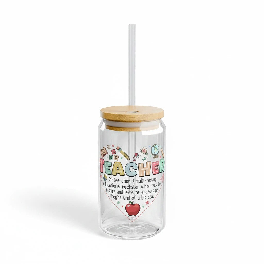 Sea Dragon Dreams 16oz clear tempered glass sipper with bamboo lid, tritan straw, and colorful teacher heart design.