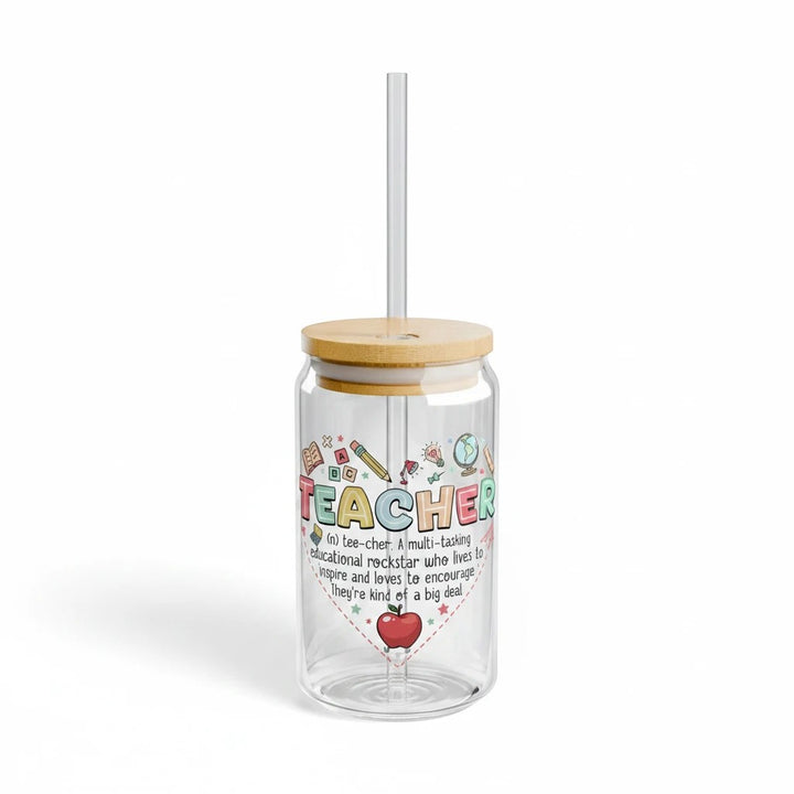 Sea Dragon Dreams 16oz clear tempered glass sipper with bamboo lid, tritan straw, and colorful teacher heart design.