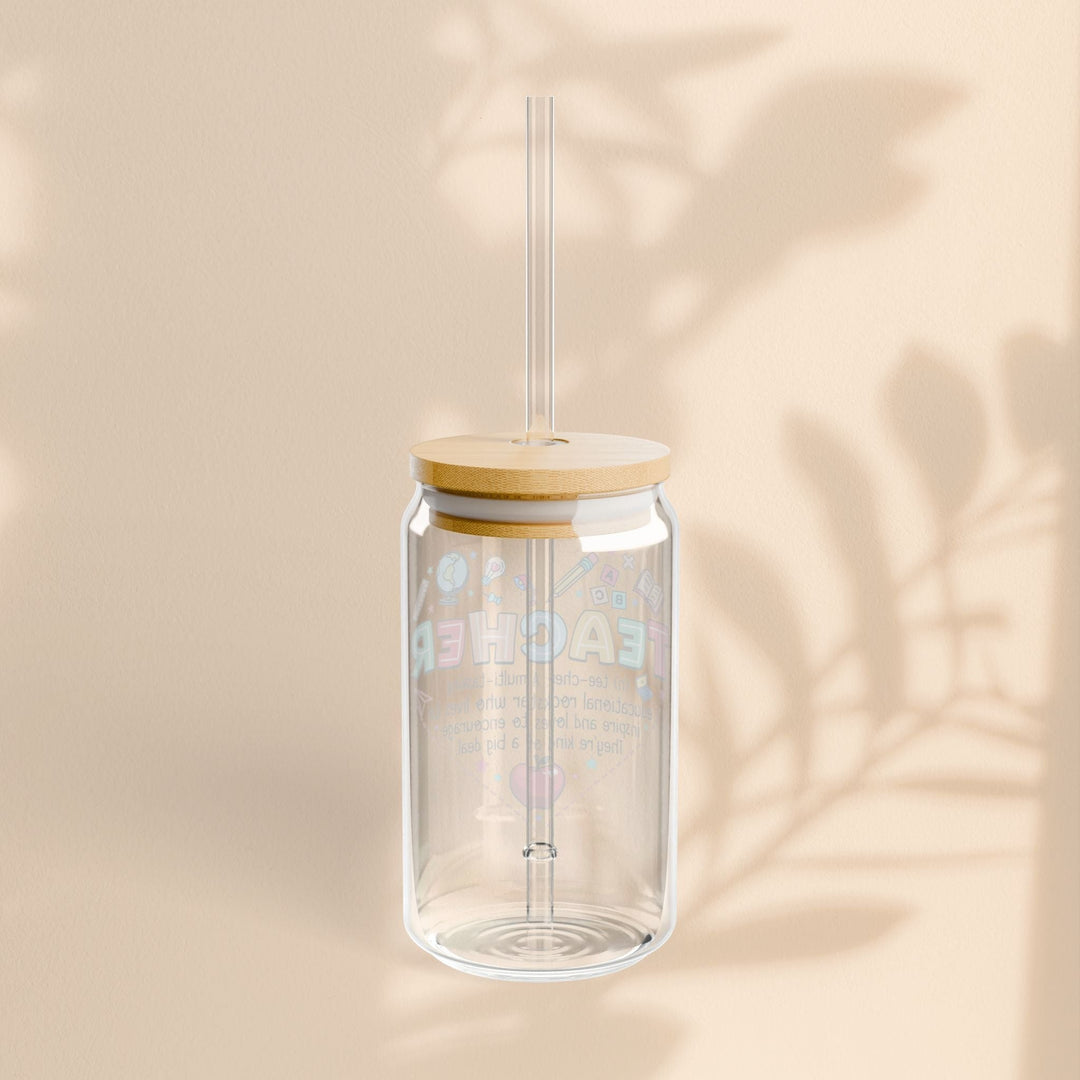 Sea Dragon Dreams 16oz clear tempered glass sipper with bamboo lid, tritan straw, and teacher-themed heart design.