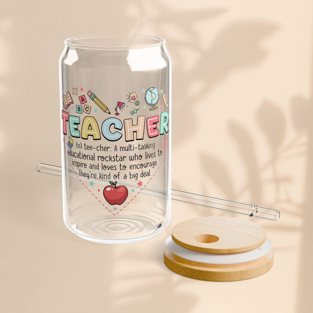Sea Dragon Dreams 16oz clear glass sipper with Teachers Heart design, bamboo lid, and Tritan straw on beige background