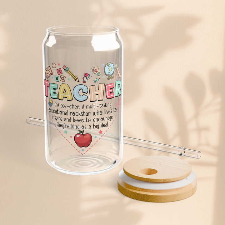 Sea Dragon Dreams 16oz clear glass sipper with Teachers Heart design, bamboo lid, and Tritan straw on beige background