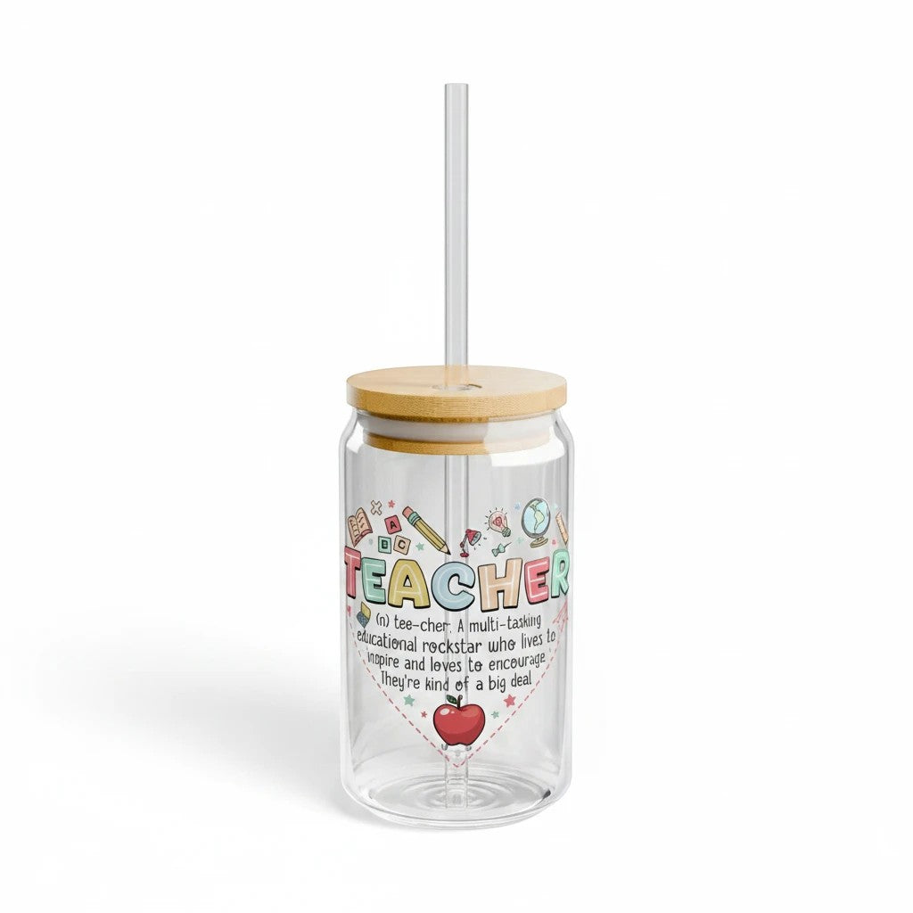 Sea Dragon Dreams 16oz clear tempered glass sipper with bamboo lid, straw, and colorful teacher-themed heart graphic.