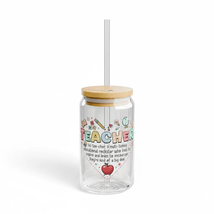Sea Dragon Dreams 16oz clear tempered glass sipper with bamboo lid, straw, and colorful teacher-themed heart graphic.