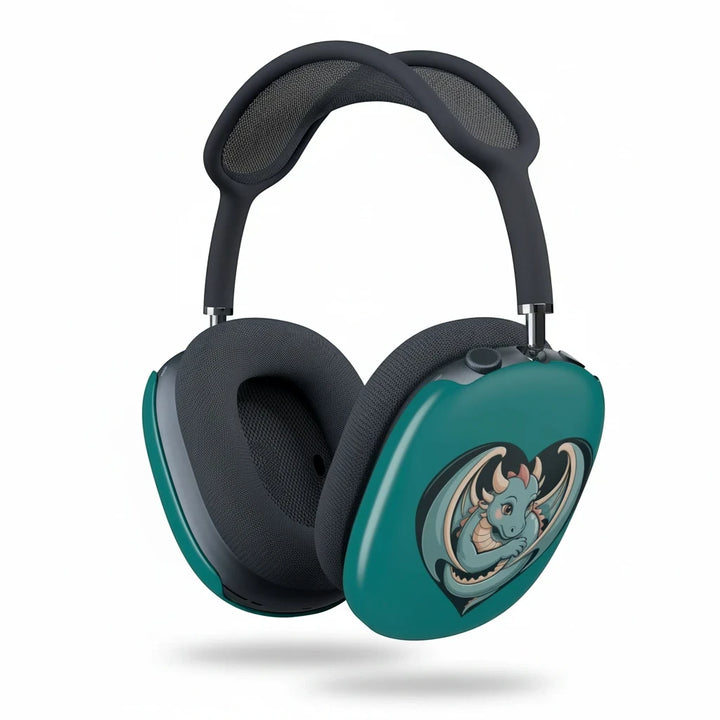 Sea Dragon Dreams teal AirPods Max shell case featuring a cute dragon heart illustration on the ear cup covers.