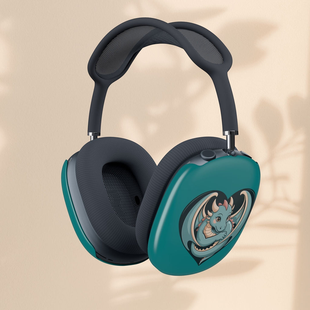 Sea Dragon Dreams teal AirPods Max shell case featuring a cute dragon heart illustration on a glossy protective cover.