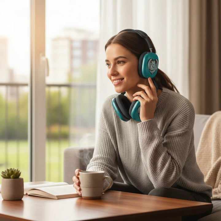 Sea Dragon Dreams teal dragon heart shell covers on AirPods Max worn by a smiling woman sitting with coffee and a book