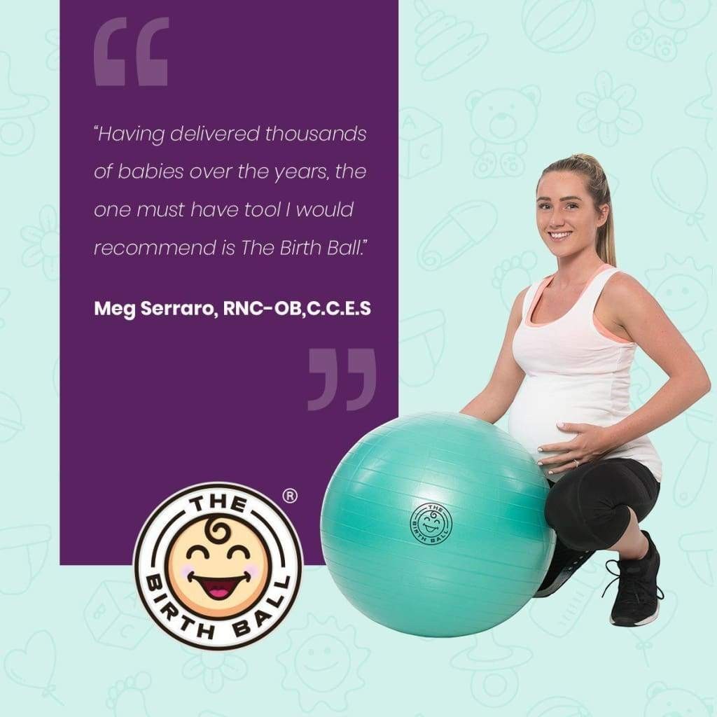 Sea Dragon Dreams pregnant woman kneeling beside a teal exercise birth ball with a professional testimonial quote