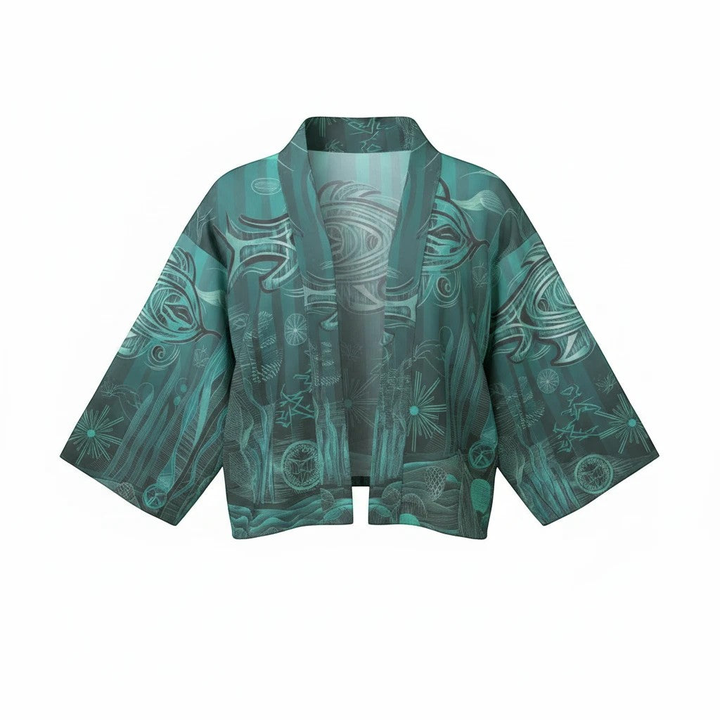 Sea Dragon Dreams cropped cotton cardigan in teal with intricate aquatic-themed line art and a classic shirt collar.