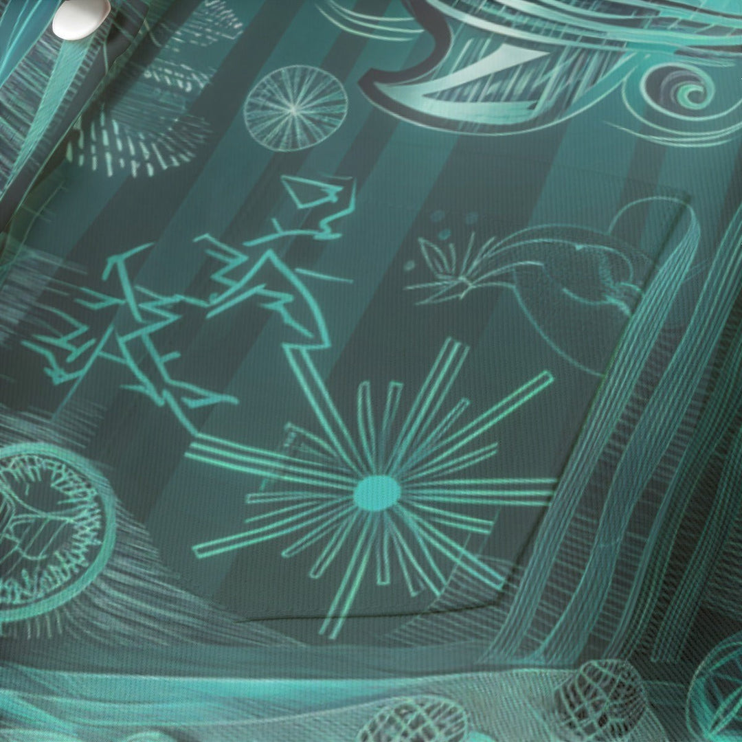 Sea Dragon Dreams cropped jacket in teal with a detailed abstract line art pattern, featuring a front chest pocket.