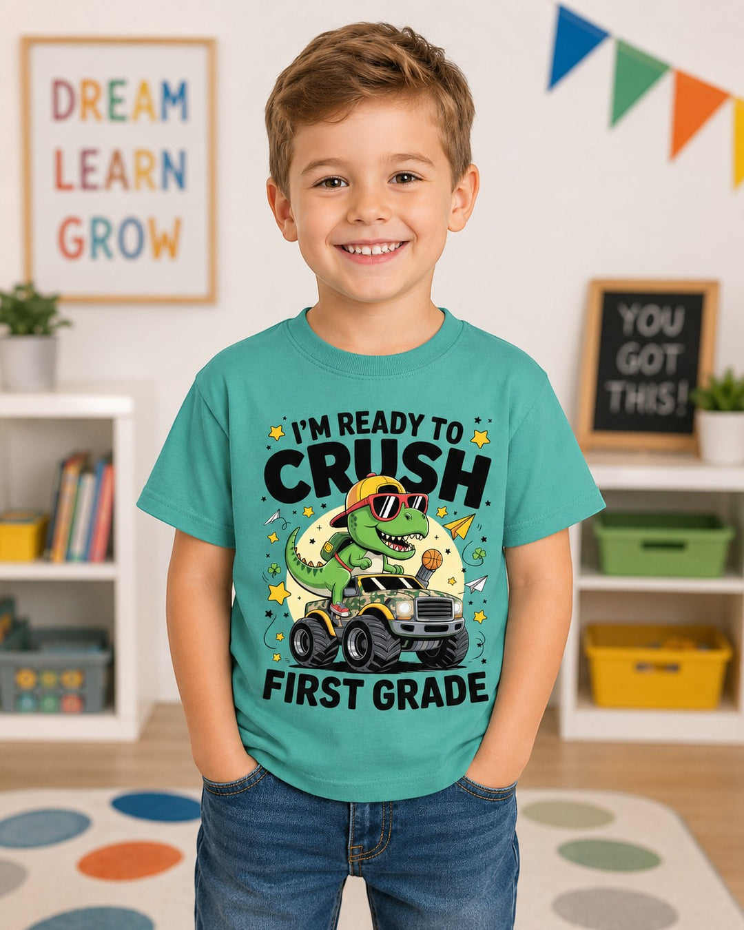 Sea Dragon Dreams youth t-shirt in teal cotton with a fun dinosaur graphic for first grade back to school