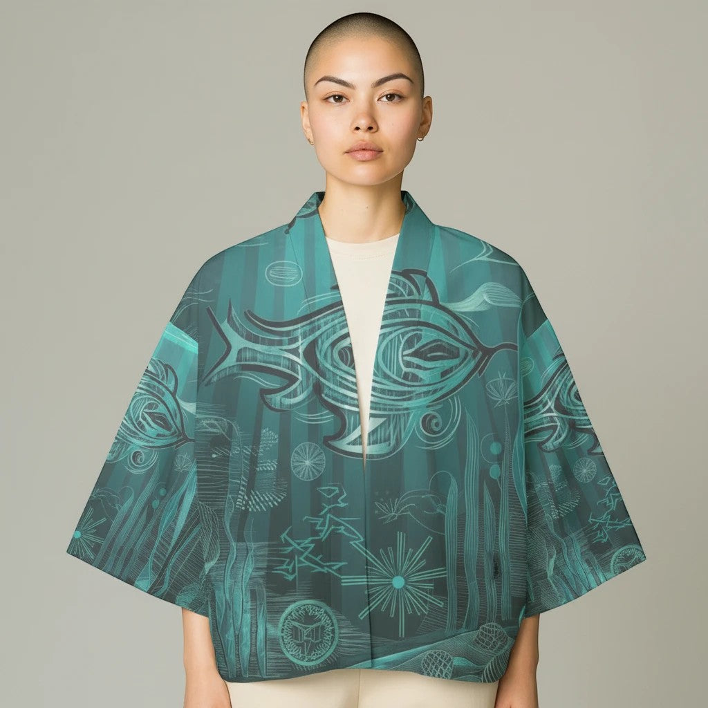 Sea Dragon Dreams cropped cotton jacket featuring a teal underwater fish print with mid-sleeves and a shirt collar.