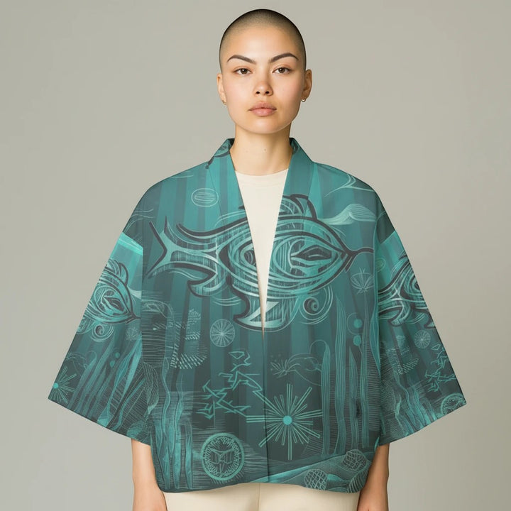 Sea Dragon Dreams cropped cotton jacket featuring a teal underwater fish print with mid-sleeves and a shirt collar.