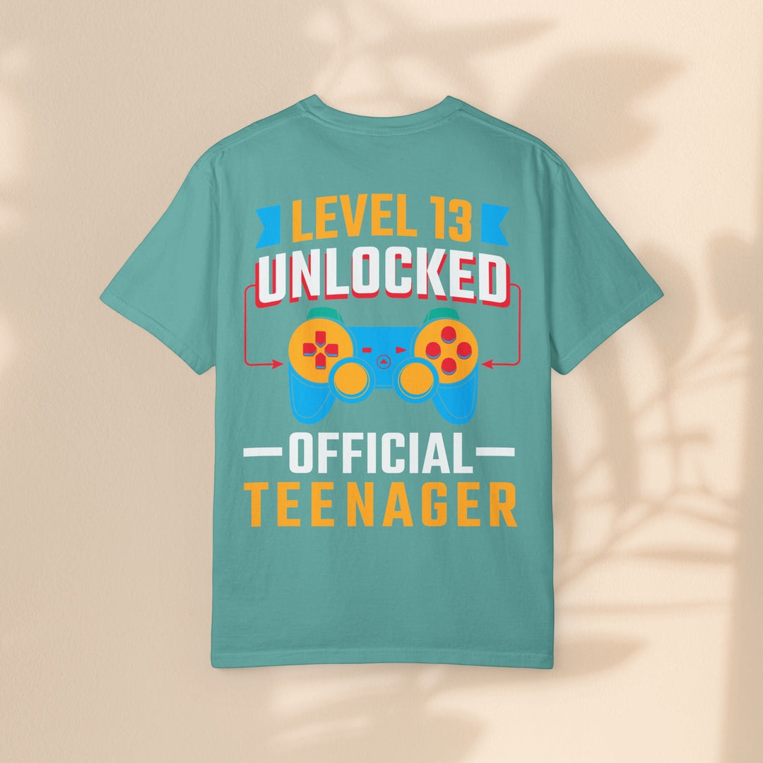 Sea Dragon Dreams teal cotton t-shirt with Level 13 Unlocked Official Teenager gamer graphic on the back