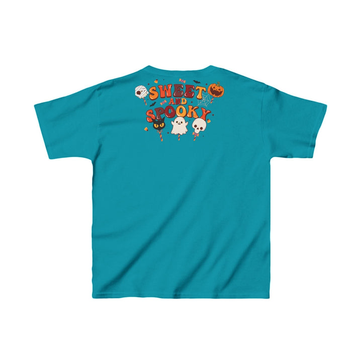 Sea Dragon Dreams kids teal cotton t-shirt featuring a Sweet and Spooky Halloween graphic on the back.