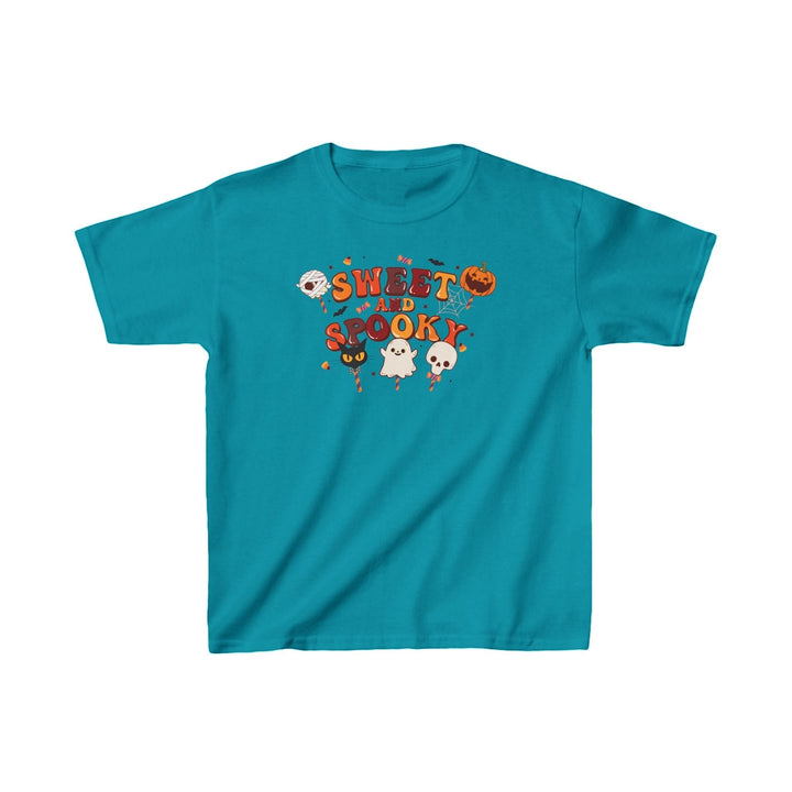 Sea Dragon Dreams kids teal cotton t-shirt with Sweet and Spooky Halloween graphic print