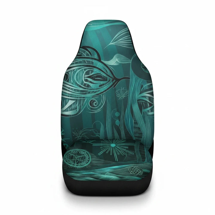 Sea Dragon Dreams car seat cover featuring a teal and black abstract underwater Hawaii design in plush microfiber