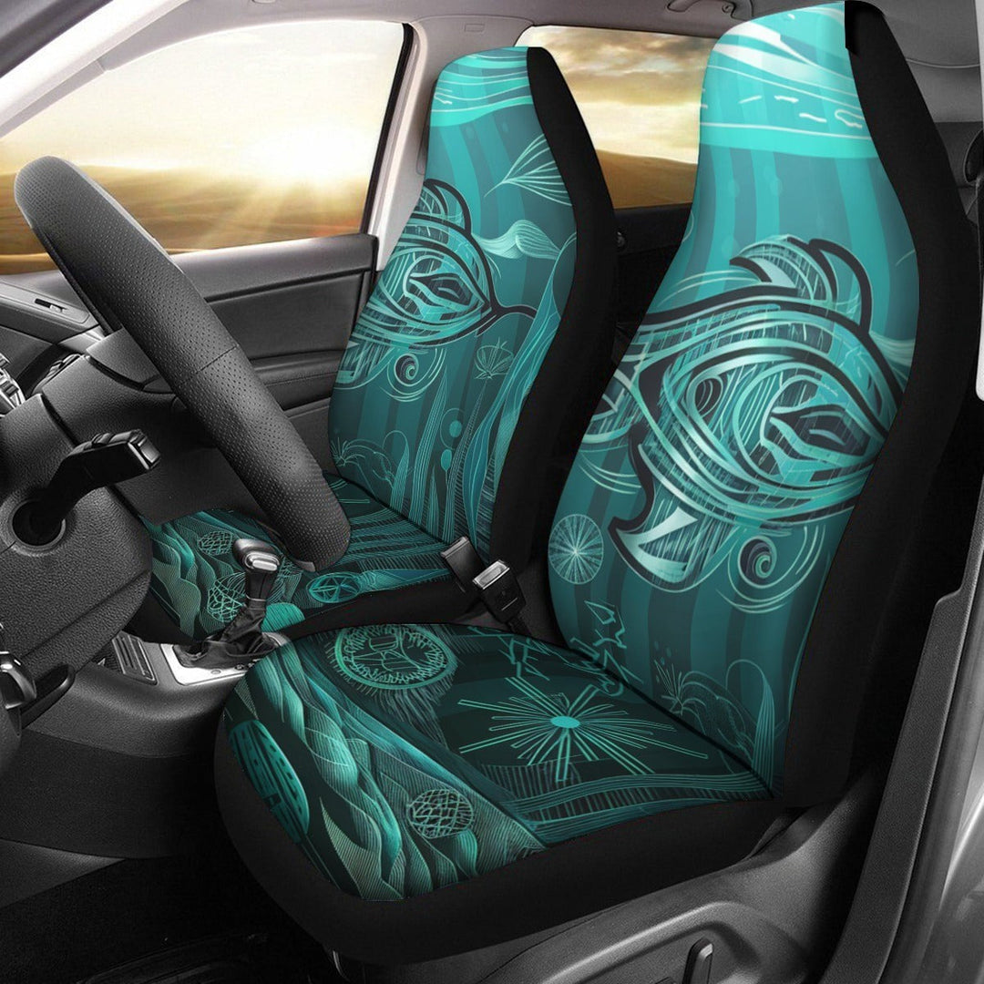 Sea Dragon Dreams Hawaii design car seat covers in teal with intricate aquatic patterns and thickened microfiber back