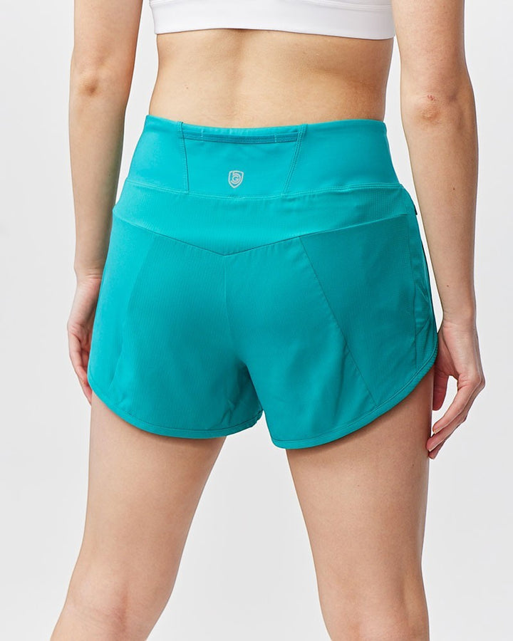 Sea Dragon Dreams Sheva women's teal high-rise running shorts with a flat knit waistband and back view