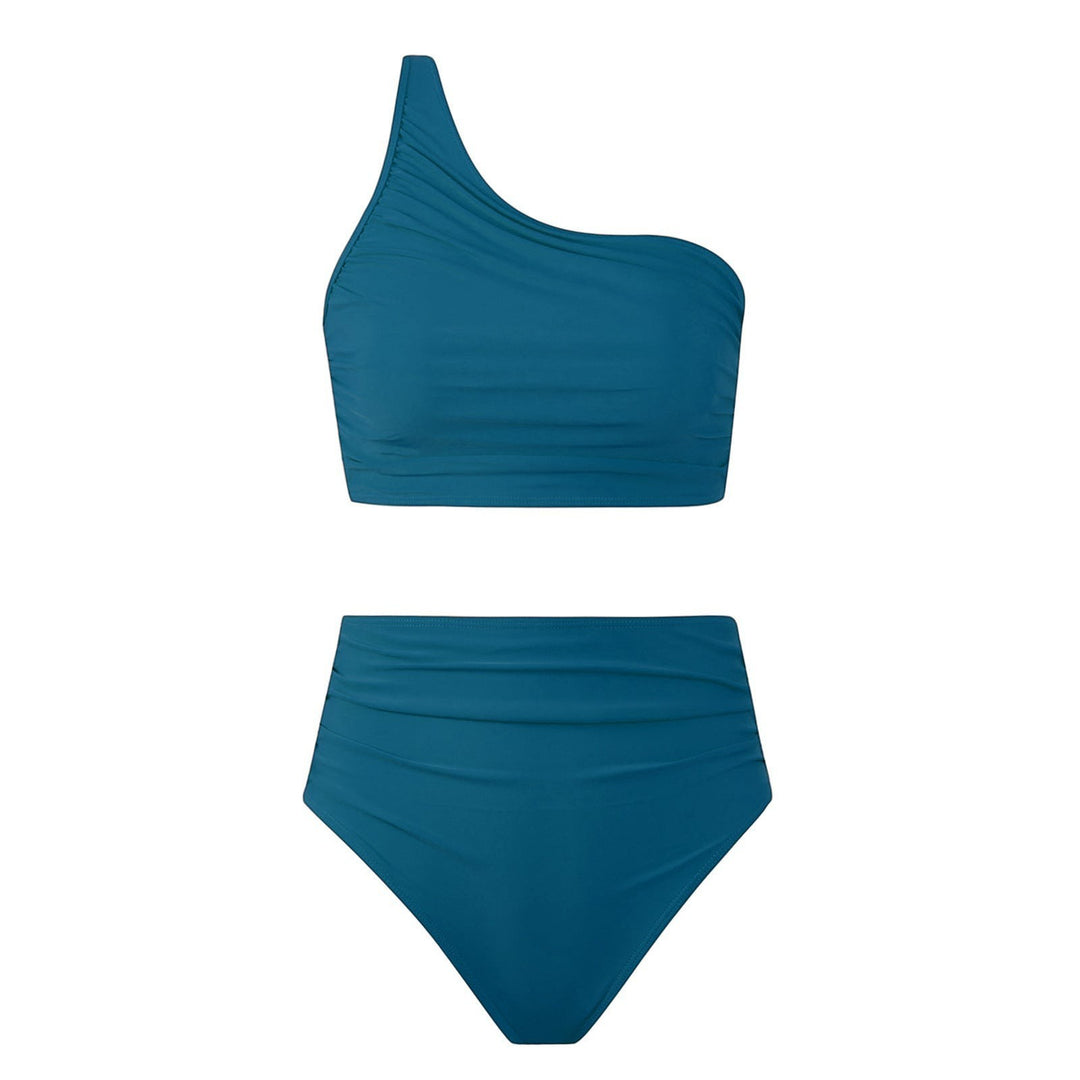 Sea Dragon Dreams teal blue one-shoulder bikini set with high-waisted bottoms and ruched fabric detail.