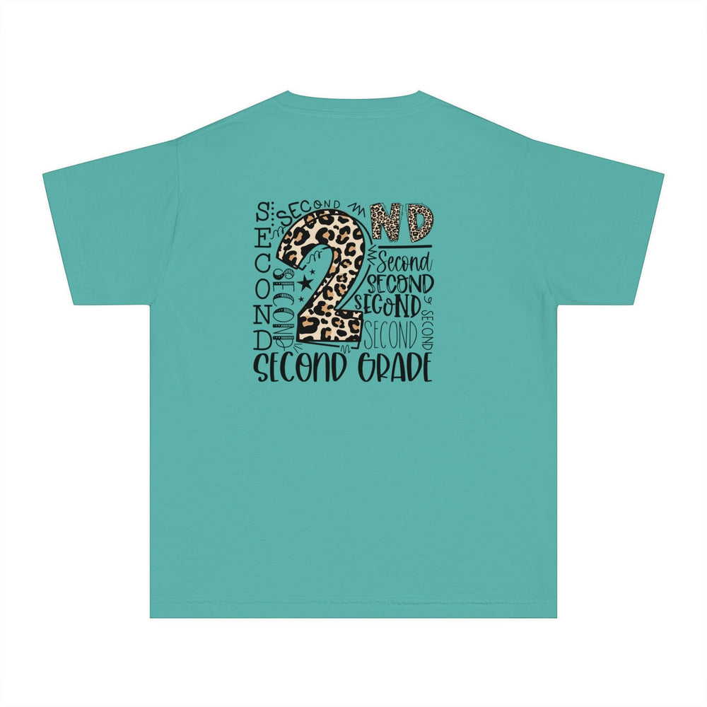 Sea Dragon Dreams teal cotton youth t-shirt with a leopard print Second Grade graphic on the back
