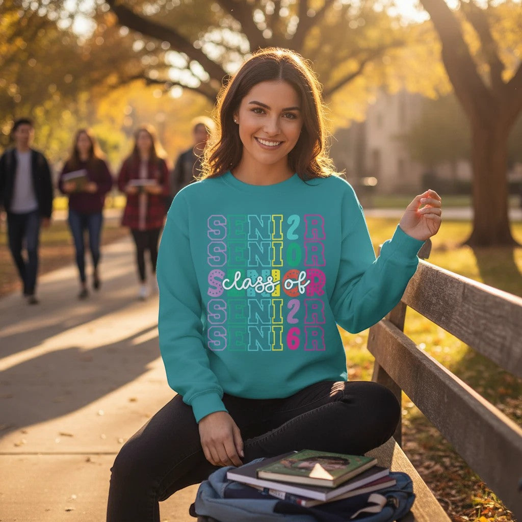 Sea Dragon Dreams teal Senior Class of 2026 sweatshirt worn by a smiling woman sitting on a park bench outdoors.