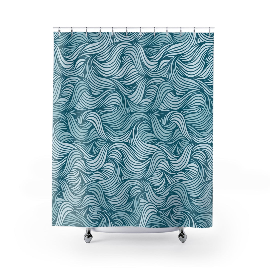 Sea Dragon Dreams teal and white polyester shower curtain featuring a rhythmic ocean wave pattern for coastal decor.