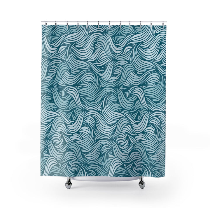 Sea Dragon Dreams teal and white polyester shower curtain featuring a rhythmic ocean wave pattern for coastal decor.