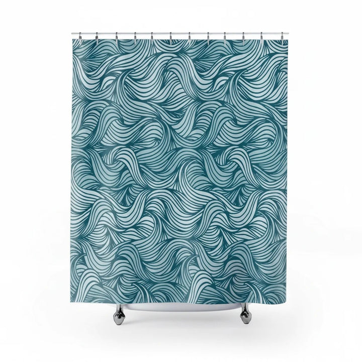 Sea Dragon Dreams teal and white polyester shower curtain featuring a rhythmic, nautical wave pattern.