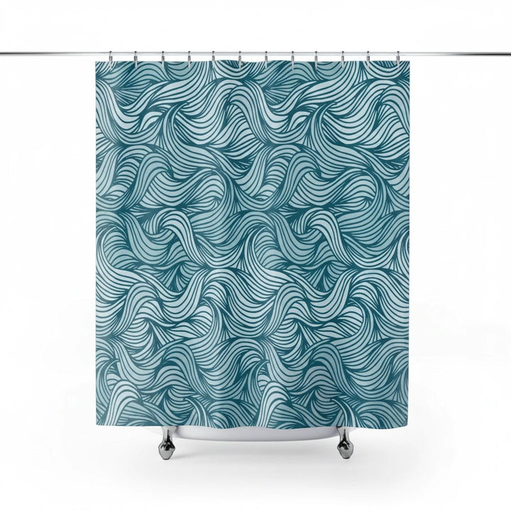 Sea Dragon Dreams teal and white wavy ocean-pattern polyester shower curtain hanging on a rod