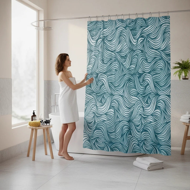 Sea Dragon Dreams teal and white wavy pattern polyester shower curtain in a bright coastal bathroom setting