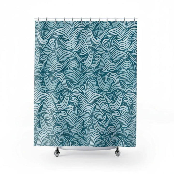 Sea Dragon Dreams teal and white wavy ocean pattern polyester shower curtain for coastal bathroom decor