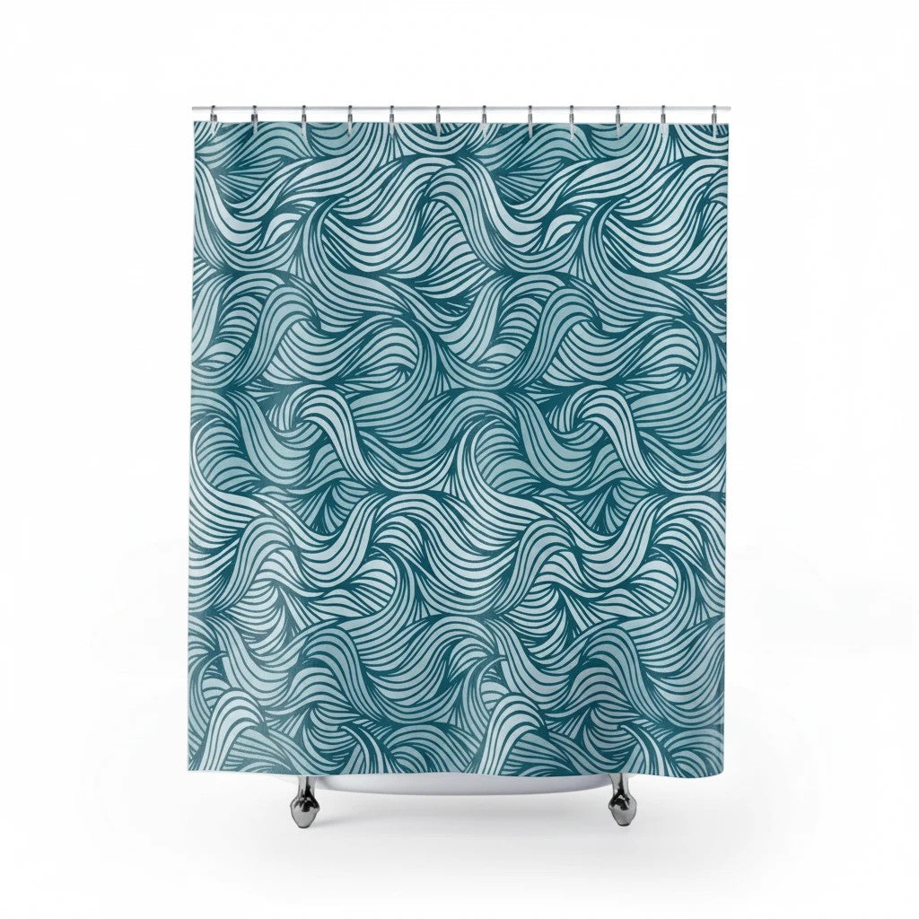Sea Dragon Dreams teal and white polyester shower curtain featuring a flowing nautical wave pattern for coastal decor.