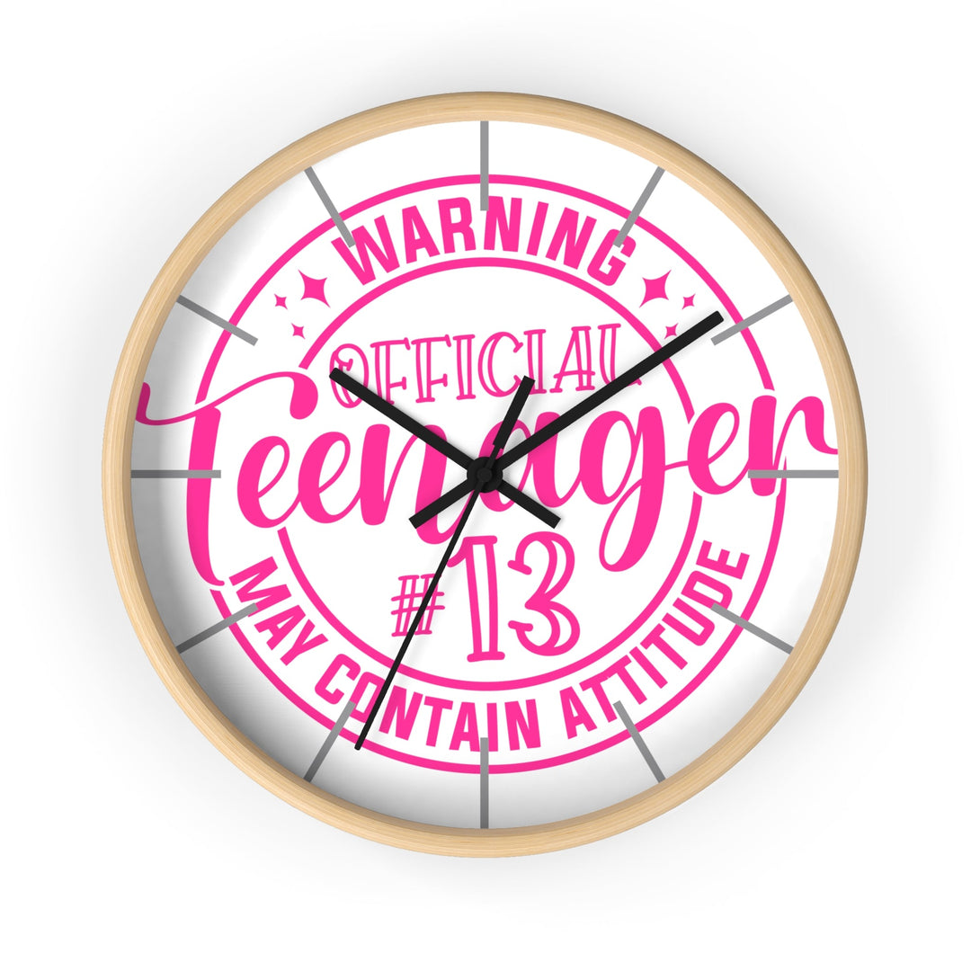 Sea Dragon Dreams wooden wall clock with a pink Official Teenager 13 graphic and silent mechanism for teen bedrooms.