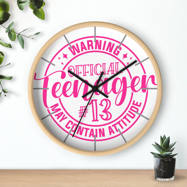Sea Dragon Dreams wooden wall clock with a pink Official Teenager #13 May Contain Attitude graphic on a white face.