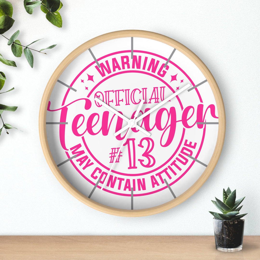 Sea Dragon Dreams wooden wall clock with pink Official Teenager #13 May Contain Attitude graphic on white face
